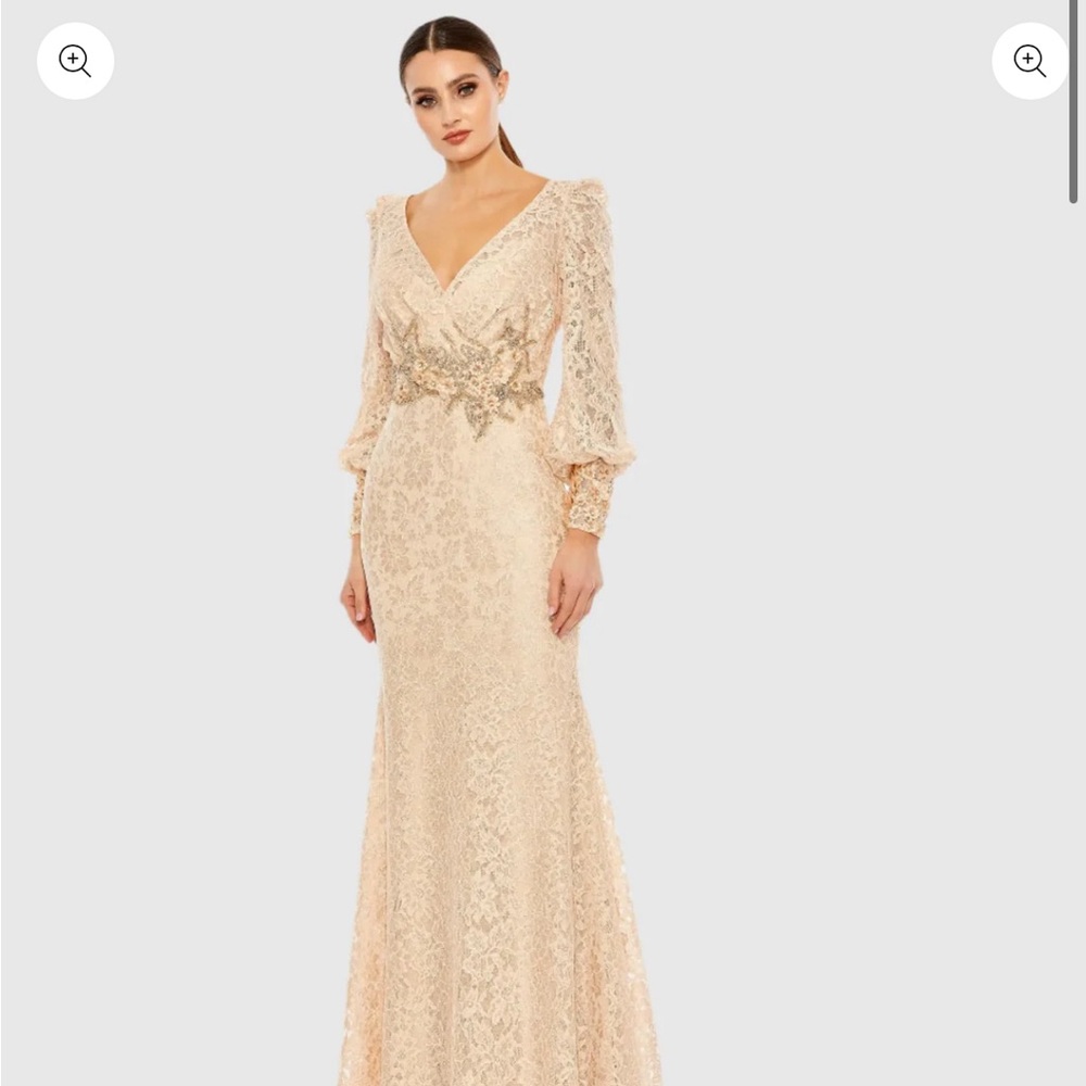 Mac Duggal Pink Lace Long Sleeve V Neck Embellished Gown #79397
